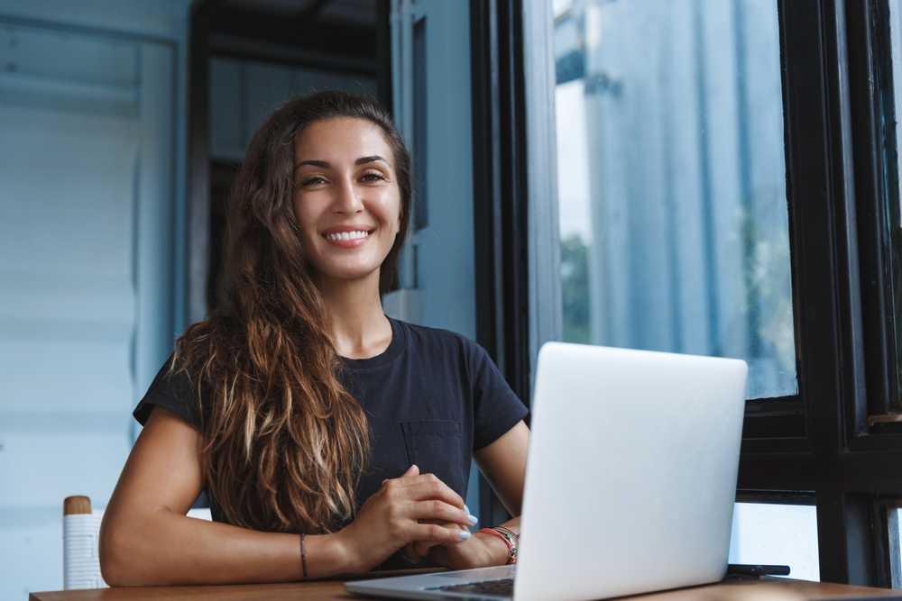 Happy,Smart,Woman,Working,From,Home,,Freelancer,Using,Computer,,Work